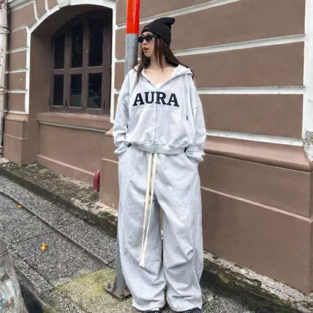 Set bộ nỉ hoodie phối chữ thêu họa tiết AURA, áo khoác nỉ mũ 2 lớp kèm quần ống suông - Ảnh 2