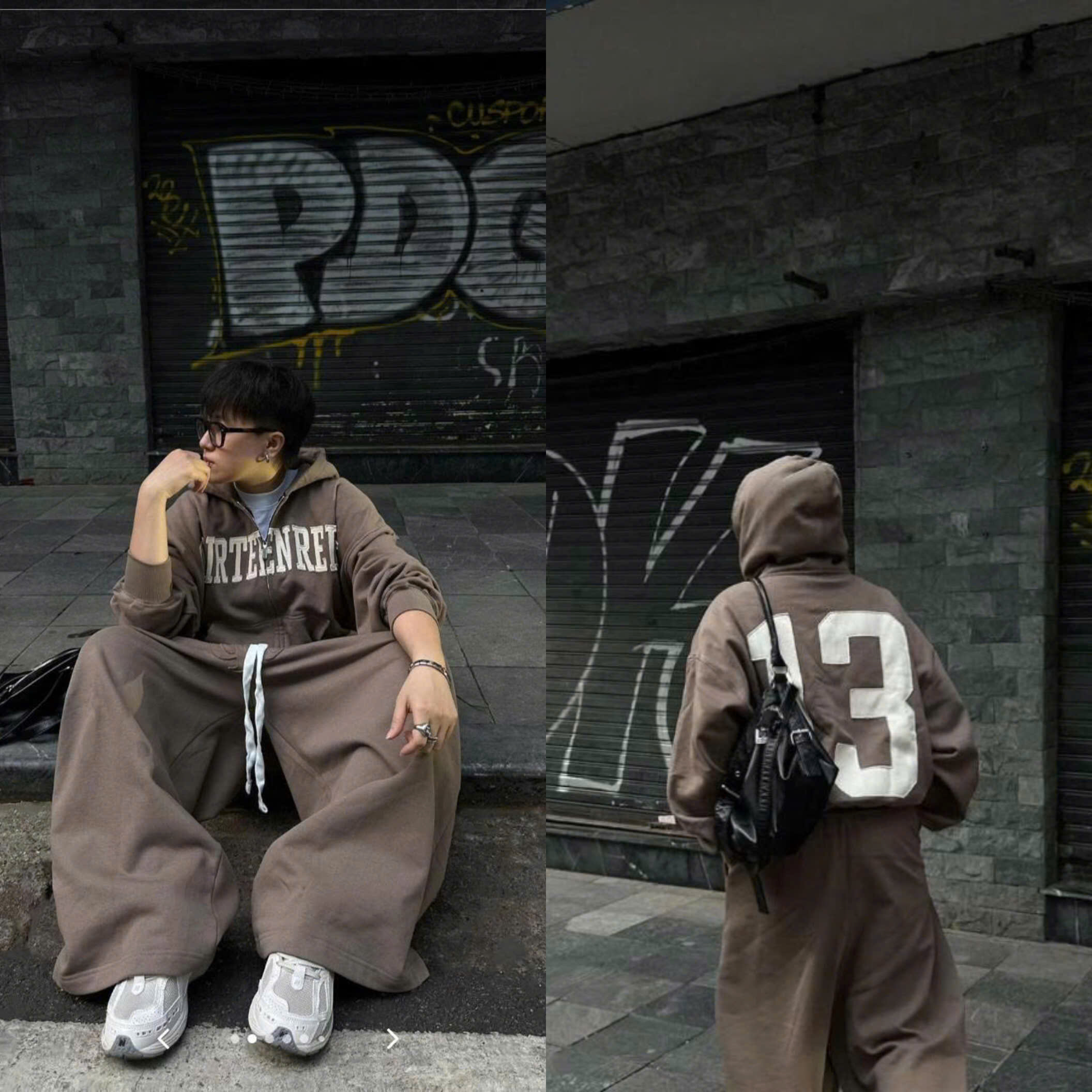 Set streetwear oversize AURA unisex tone nâu phong cách đường phố